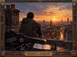 A lone young man sits on a weathered rooftop overlooking a glowing city at sunset, creating a reflective, hopeful mood. Warm amber light cuts through cool blue-gray clouds, illuminating brickwork, wet streets, a battered guitar case, notebook, and mug. The realistic painted style blends urban grit with nostalgic, music-inspired detail.