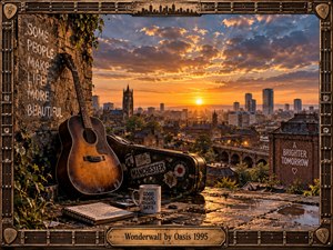 A weathered acoustic guitar rests against a rooftop wall overlooking Manchester at sunset, surrounded by a battered case, notebook, mug, and rain-darkened stone. Warm amber light cuts through dramatic clouds, creating a nostalgic, hopeful mood. The richly textured, painterly realism is enclosed by a handcrafted guitar-string frame and brass title plate.