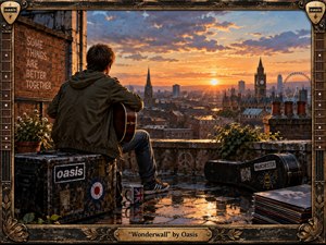 A lone guitarist sits on a weathered Manchester rooftop at sunset, surrounded by battered cases, records, brickwork, and rain-darkened stone. Warm amber light breaks through dramatic blue-gray clouds, creating a nostalgic, reflective mood. The richly detailed, painterly scene is enclosed by an ornate guitar-inspired frame and engraved title plate.