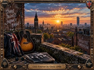 A cinematic rooftop view of a Manchester-inspired city glows beneath a dramatic orange-and-violet sunset, with a weathered acoustic guitar, Union Jack jacket, sunglasses, and vinyl records in the foreground. Gothic architecture and modern towers stretch into the distance, while aged brick walls carry rebellious markings. Ornate bronze-and-wood framing completes the nostalgic, handcrafted rock aesthetic.
