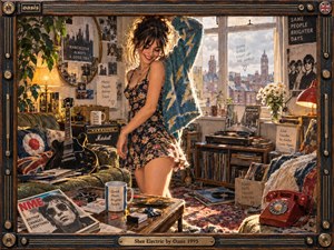 A joyful young woman dances in a sunlit 1990s Britpop bedroom filled with guitars, records, posters, tea mugs, and a red rotary phone. Warm golden light, teal and floral fabrics, and richly textured mixed-media details create playful nostalgia. An ornate music-inspired frame completes the lively, intimate composition.