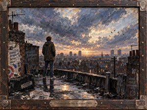 A solitary young man stands on a rain-darkened rooftop, gazing across brick terraces toward a glowing city horizon beneath a vast, stormy sky. Cool blue-gray clouds break around warm amber light, reflected in puddles below. Thick impasto, collage textures, weathered graffiti, scattered papers, antennas, and a distressed wooden-metal frame create a nostalgic 1990s Britpop mood.