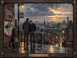 A rain-soaked Manchester street overlooks a glowing industrial skyline at sunset, where two figures stand arm in arm beneath a weathered lamp. Warm amber light cuts through blue-gray clouds and reflects across slick pavement. Textured, painterly surfaces, brick walls, guitar details, and a handcrafted frame create a nostalgic, resilient, quietly hopeful mood.