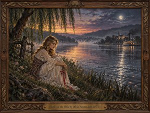 A contemplative young woman sits beneath a willow beside the Ohio River at twilight, holding red flowers. Moonlight and amber sunset illuminate misty hills, shimmering water, and a distant steamboat. This richly textured oil painting blends romantic beauty with haunting melancholy, enclosed in an ornate carved wooden frame.
