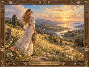 A blonde woman in a flowing ivory dress stands among wildflowers overlooking a winding valley and radiant sunset. Golden sunlight illuminates distant mountains, shimmering water, and drifting seeds, creating a hopeful, contemplative atmosphere. Rich painterly textures, delicate flowers, and an ornate wooden frame with bronze musical details complete the scene.