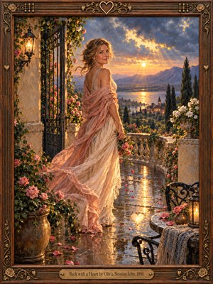 A woman in a flowing ivory gown and rose shawl looks back from a rain-swept terrace overlooking a glowing lake and distant mountains. Golden sunset light pierces blue clouds, illuminating scattered petals, flowering vines, and lanterns. Richly textured oil painting and an ornate carved wooden frame evoke tender renewal.