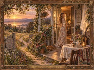 A woman in a flowing floral dress welcomes visitors onto a flower-filled cottage porch overlooking a sunset lake. Golden light warms a winding path, resting dog, acoustic guitar, and candlelit table. Rendered in richly textured oil paint, the nostalgic scene glows with tenderness, framed by carved wood and brass.
