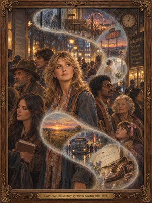 A thoughtful blonde woman stands amid travelers in a glowing vintage station, their varied expressions hinting at untold lives. Wisps of luminous memories curve through the crowd, revealing a Ferris wheel, sunset, bus, and weathered shoes. Warm amber and dusky blue oil textures evoke nostalgia, enclosed by an ornate carved frame.