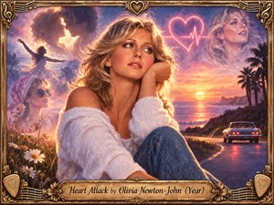 A dreamy portrait of Olivia Newton-John dominates a romantic coastal sunset, surrounded by faded memories, silhouetted lovers, wildflowers, and a vintage automobile. Glowing pink hearts and musical ornaments evoke passionate longing. Warm golden light blends with lavender skies, while an intricate bronze frame completes this nostalgic, painterly tribute.