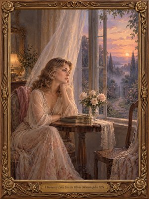 A wistful woman in a lace dress gazes through an open window toward a misty garden at sunset. Billowing curtains, pale roses, old books, and an empty chair evoke tender longing. Soft gold, blush, and lavender light bathe the romantic oil painting, enclosed in an ornate carved floral frame.