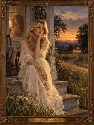 A wistful blonde woman in a flowing lace dress sits on weathered farmhouse steps, holding a drooping rose at sunset. An auburn-haired figure glimmers in a nearby window, while a winding lane leads toward a warmly lit farmhouse. Golden amber, lavender, and sage hues enrich the melancholic oil painting, framed by ornate carved wood.