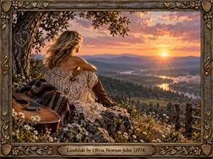 A blonde woman in a flowing vintage dress sits quietly above a sweeping mountain valley at sunset. Golden sunlight illuminates winding rivers, wildflowers, and distant misty hills. A rustic guitar and woven blanket evoke nostalgia. Ornate bronze framing, musical engravings, and a decorative nameplate complete this peaceful, cinematic composition.