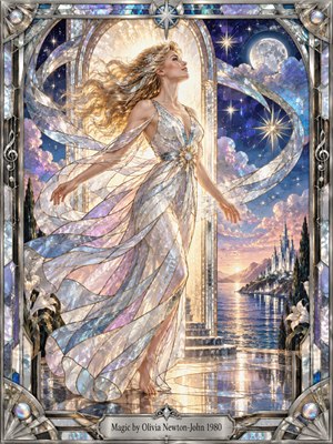 A radiant blonde woman in a flowing, iridescent gown stands before a golden portal, her hair and translucent ribbons sweeping through a celestial night. Moonlight, glittering stars, pastel clouds, and a distant crystalline city shimmer above reflective water. Intricate stained glass and an ornate silver frame create a romantic, enchanted atmosphere.