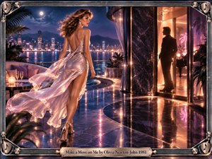 A glamorous woman in a flowing silver gown crosses a moonlit penthouse terrace toward a silhouetted man. Violet and midnight blue city lights shimmer across polished marble, while amber light spills from an open doorway. Romantic tension, cinematic 1980s digital artistry, and an ornate chrome musical frame complete the scene.