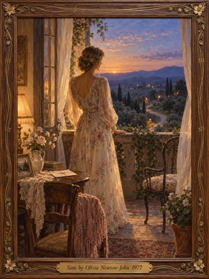 A wistful woman in a flowing floral dress gazes across a twilight valley from an elegant veranda. Golden lamplight warms the intimate room, while lavender skies and distant hills evoke longing. Delicate curtains, roses, a sealed letter, and an empty chair enrich the romantic oil painting, framed in carved walnut.