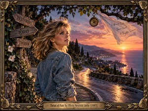 A blonde woman in a denim jacket gazes toward a glowing coastal sunset beside a winding rain-soaked road. Wooden signposts symbolize lifes changing directions, while a suspended compass suggests destiny. Golden reflections, purple skies, and distant city lights create romantic nostalgia. An ornate bronze musical frame completes the cinematic artwork.