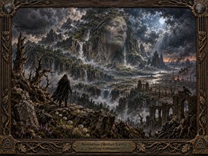 A lone cloaked figure stands on a rocky overlook before a vast, storm-lashed landscape where Mother Earth appears as a colossal sorrowful face formed from mountain, stone, and cascading waterfalls. Moonlight pierces turbulent clouds above ruined arches and smoking industry, while an ornate root-and-metal frame and engraved title plate deepen the gothic, apocalyptic oil-painted mood.