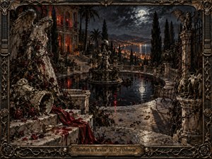 A moonlit gothic estate overlooks distant city lights, its ruined terrace surrounding a black reflecting pool beneath stormy clouds. Tarnished stone angels, dead roses, cracked marble, spilled crimson fabric, and abandoned objects create ominous tension. Rich blue-black, bronze, ivory, and blood-red tones glow through dramatic oil-painted chiaroscuro and ornate metal framing.