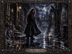 A solitary dark-clad figure stands in a rain-soaked gothic alley beneath storm clouds and distant spires, surrounded by gleaming puddles, mist, broken glass, wilted red roses, and a watching raven. Deep blacks, steel blues, silver highlights, and warm lamps create brooding drama, rendered in richly textured oil-painting style within an ornate metal frame.