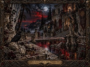 A moonlit Gothic estate overlooks a dark coastal paradise beneath crimson storm clouds. Marble terraces, ruined statues, ravens, black roses, scattered relics, and a blood-red reflecting pool create an ominous, decadent atmosphere. Rich bronze framing, dramatic shadows, glowing windows, and intricate painterly textures blend dark fantasy, horror, and romantic grandeur.
