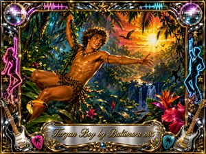 Kung Fu Hand Painting - A joyful jungle hero swings through lush tropical foliage above waterfalls at sunset, radiating carefree adventure and rhythmic energy. Vivid greens, oranges, pinks, and electric blues glow under dramatic golden light. Glossy 1980s digital painting blends neon dancers, guitars, disco balls, tropical flowers, and chrome-gold framing around an ornate engraved title plate.
