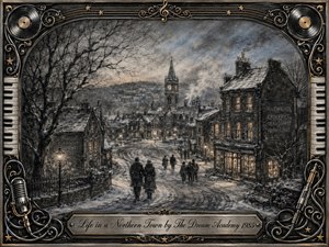 Kung Fu Hand Painting - A snow-covered northern town unfolds beneath a smoky blue-gray dusk, with glowing windows, winding streets, bare trees, and bundled figures creating a wistful, nostalgic mood. Deep feathered charcoal textures dominate the scene, framed by ornate piano keys, vinyl records, cables, stars, metallic scrollwork, and an elegant engraved title plate.