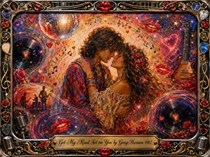 Kung Fu Hand Painting - A romantic bohemian couple embraces at the center of a swirling music-filled fantasy, surrounded by vinyl records, roses, guitars, glowing hearts, red lips, and sparkling notes. Warm reds, golds, purples, and blues glow beneath theatrical light, while rich mixed-media textures and an ornate musical frame create a dreamy, passionate, nostalgic atmosphere.