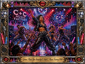 Kung Fu Hand Painting - A commanding dancer leads a feverish 1990s nightclub celebration, surrounded by energetic performers, cheering crowds, speakers, confetti, and glowing equalizer bars. Vivid reds, magentas, blues, and chrome shimmer beneath dramatic stage lighting. Expressive acrylic textures amplify the movement, while an ornate gold-and-chrome musical frame and engraved title plate complete the exuberant composition.