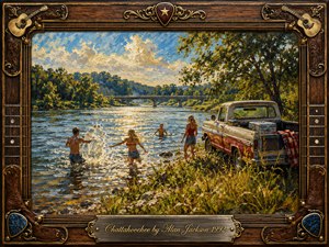 Kung Fu Hand Painting - A lively summer river scene captures friends splashing beside a weathered pickup truck under warm golden sunlight. Rich blue water, lush green trees, and a distant bridge create an inviting rural setting. Painted in textured impressionistic oils, the artwork is framed with rustic wood, guitar strings, ornate metalwork, and an engraved title plate.