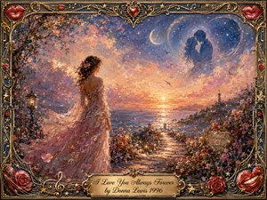 Kung Fu Hand Painting - A romantic woman in a flowing rose-colored gown stands beside a flower-lined seaside path at sunset, gazing toward a luminous horizon. Soft pink, gold, lavender, and deep blue tones create a dreamy, timeless mood. Painterly textures, moonlit clouds, distant lovers, roses, ornate gold filigree, and red lips frame the glowing scene.