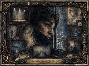 Kung Fu Hand Painting - A solitary young man with a piercing blue eye gazes through a rain-streaked window, surrounded by faded framed memories of empty stages, distant figures, storms, and moonlit water. Deep blues, charcoal, sepia, and muted gold create a melancholic glow, while textured mixed-media painting and ornate musical details reinforce the nostalgic, introspective mood.
