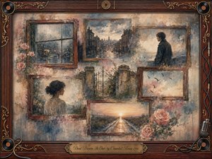 Kung Fu Hand Painting - A nostalgic collage of framed memories blends rainy windows, quiet streets, solitary figures, birds, roses, and a glowing sunset road. Muted blue, cream, rust, and rose tones create wistful warmth beneath soft diffused light. Painterly textures, weathered rosewood frames, vinyl records, cables, and an engraved title plate complete the reflective composition.