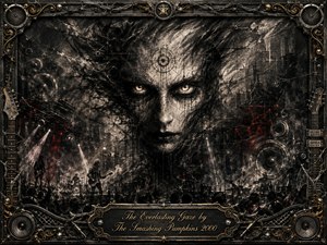 Kung Fu Hand Painting - A haunting charcoal portrait dominates a shadowy concert landscape, its luminous eyes piercing through fractured textures, smoke, speakers, and distant musicians. Black, gray, ivory, and restrained crimson create an intense gothic mood. Dramatic spotlights cut through darkness, while an ornate metal-and-guitar frame and engraved title plate complete the composition.