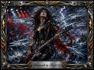 Kung Fu Hand Painting - A fierce female guitarist commands a storm-tossed ocean as sleek barracudas circle through crashing waves and lightning. Deep blues, black, silver, and blood-red accents create a dangerous, rebellious mood. Thick expressive paint textures, dramatic highlights, and a chrome-and-gold musical frame give the scene raw 1970s rock intensity.