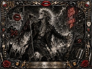 Kung Fu Hand Painting - A fierce punk-rock singer commands a stormy nighttime stage, microphone raised beneath jagged lightning and neon city lights. Deep charcoal textures, black leather, crimson lips, roses, chrome, and gold accents create a rebellious, electric mood. An ornate music-inspired frame surrounds the dramatic composition, finished with an engraved title plate.