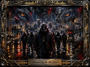 Kung Fu Hand Painting - A brooding figure leads a shadowy group through rain-slicked Los Angeles streets beneath enormous ghostly animal faces. Deep blacks, steel blues, fiery reds, and amber reflections create a tense nocturnal atmosphere. Expressive oil-painted textures, glowing city lights, graffiti, microphones, speakers, barbed wire, and ornate gold details intensify the cinematic urban composition.