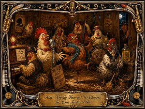 A lively midnight barn becomes a secret 1940s jazz club, where expressive chickens sing, dance, and play saxophone, piano, bass, and drums beneath warm amber lantern light. Rich browns, golds, reds, and black create a humorous vintage atmosphere, framed by ornate chrome-and-gold musical details and an engraved title plate.