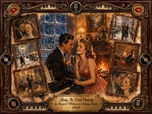 A warmly romantic 1940s couple lingers beside a glowing fireplace and piano while snow falls beyond tall windows. Sepia browns, amber gold, deep blue, and soft red create nostalgic intimacy. Vintage memory portraits surround the central duet, framed by ornate rosewood, gold inlay, records, piano keys, microphones, and musical flourishes.