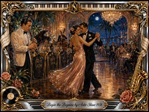 A glamorous couple dances closely in an elegant 1930s moonlit ballroom as Artie Shaws orchestra performs nearby. Warm amber chandeliers, deep midnight blues, polished reflections, roses, saxophones, piano keys, and Art Deco gold ornamentation create a romantic, sophisticated atmosphere. Rich painterly textures blend nostalgia, rhythm, intimacy, and cinematic elegance.