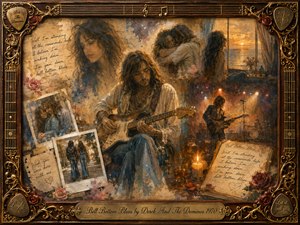 A nostalgic 1970s memory collage centers on a long-haired guitarist in bell-bottom jeans, surrounded by faded romantic portraits, Polaroids, handwritten notes, roses, candles, and a smoky stage scene. Warm sepia, dusty blue, muted gold, and soft red tones glow beneath painterly light, framed by ornate rosewood, gold filigree, guitar strings, and musical details.