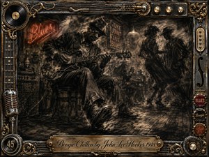 A weathered blues guitarist commands a smoky juke joint, surrounded by dancing silhouettes, neon signs, and shadowy patrons. Deep charcoal textures, sepia browns, black, and burnished gold create a gritty 1940s atmosphere. An ornate music-themed frame of records, strings, knobs, and chrome surrounds the dramatic, dimly lit scene.