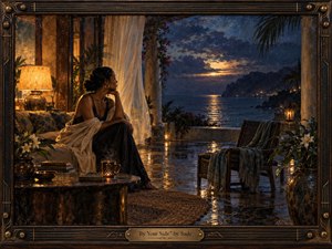 A solitary woman sits beside an open seaside terrace at twilight, gazing across moonlit water toward distant coastal lights. Warm amber lamps contrast with deep indigo skies and reflective wet stone. Rich painterly textures, flowing curtains, tropical foliage, lilies, woven furniture, and an ornate bronze musical frame create a mood of devotion, longing, and quiet reassurance.