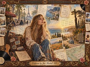 A wistful bohemian traveler sits amid layered memories of Paris, Mediterranean coasts, and sunlit California. Warm gold, dusty rose, soft blue, and earthy tones glow beneath nostalgic afternoon light. Painterly oil, acrylic, and watercolor textures blend postcards, maps, guitar, roses, highways, and handwritten notes within an ornate musical rosewood frame.