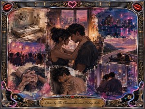A nostalgic mixed-media collage captures two young lovers sharing an intimate moment in a city apartment, surrounded by fading memories of parties, road trips, clasped hands, tattoos, and nighttime skylines. Dusky pinks, blues, amber, and violet glow through painterly textures, while an ornate chrome-and-gold musical frame enhances the bittersweet romance.