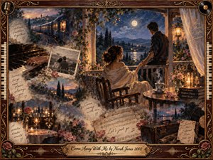 A moonlit veranda frames a tender couple reaching toward one another above a glowing valley, surrounded by fading memories of trains, piano keys, handwritten notes, roses, candles, and travel keepsakes. Warm amber, sepia, dusty rose, and twilight blue blend in a romantic painterly collage, enclosed by an ornate musical rosewood-and-gold frame.