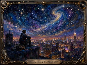 A lone dreamer sits on a rooftop above a glowing city, gazing into a vast swirling galaxy filled with brilliant stars and constellations. Deep blues, violet, gold, and amber create a hopeful, reflective mood. Expressive painted textures, dramatic night lighting, musical details, and an ornate gold-trimmed frame enrich the scene.