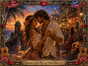 A romantic couple dances closely along a lively tropical seaside street at sunset, surrounded by musicians, revelers, palm trees, and glowing colonial architecture. Rich amber, crimson, and deep blue tones create a warm, seductive mood. Expressive oil-paint textures, golden lighting, roses, guitars, microphones, and ornate metallic framing heighten the passionate atmosphere.