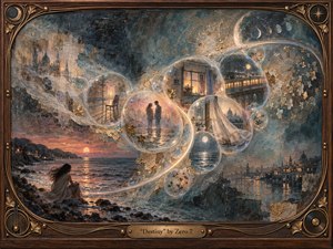 A dreamlike shoreline unfolds beneath dusky blue and amber light, where a seated woman watches glowing memories drift through translucent bubbles along a sweeping S-curve. Warm windows, distant figures, trains, moonlit water, and celestial symbols emerge from textured wax, pastel, and gold leaf, framed in ornate walnut and bronze.