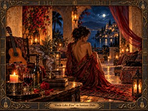 A solitary woman draped in deep crimson sits on a candlelit Mediterranean terrace overlooking a moonlit coastal village. Warm amber lanterns contrast with cool blue night skies and shimmering water. Rich textiles, roses, wine, smoke, and a resting guitar create a sensual, reflective mood within an ornate handcrafted bronze-and-wood frame.