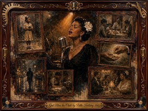 A soulful jazz singer performs beneath a warm amber spotlight, surrounded by faded framed memories of childhood, hardship, family, money, and nightlife. Rich sepia, bronze, burgundy, and charcoal tones create a nostalgic mood. Ornate rosewood, gold musical details, vintage microphones, and painterly textures evoke dignity, sorrow, resilience, and remembrance.